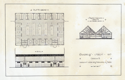 99777 Plattegrond, opstand en een interieurperspectief van Gebouw B (Vredenburg) tijdens de eerste Jaarbeurs te ...